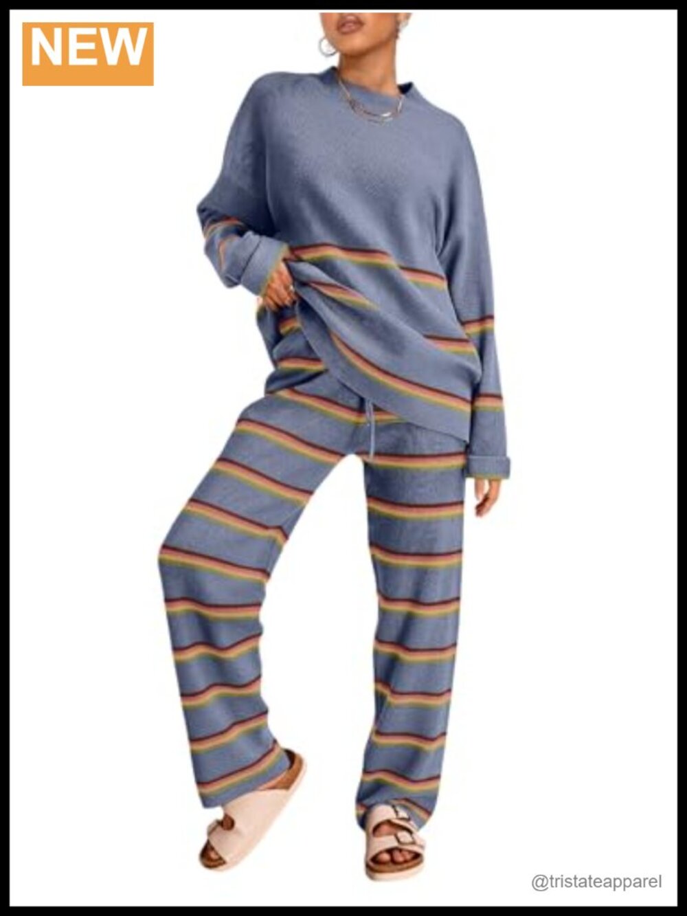2 Piece Striped Sweater Lounge Set Batwing Sleeve Wide Leg Pants Tracksuit